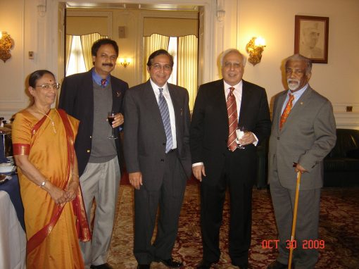 Prof. Misra with Mr. Kapil Sibal, Minister of Human Resource Development, Government of India and distinguished particle physicists, Profs. E.C.G. and Bhamathi Sudarshan from the University of Texas at Austin.